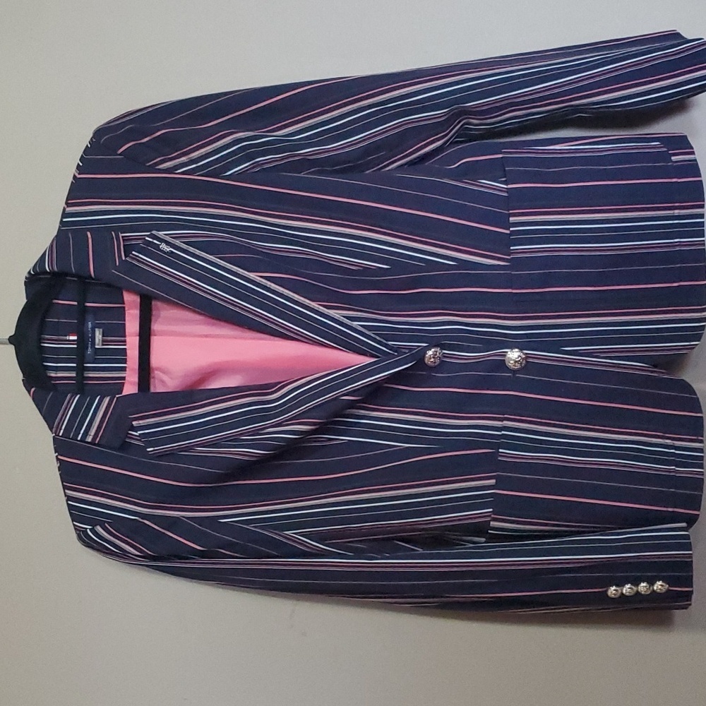 Striped Navy Blazer with Pink Lining - Women's Jacket